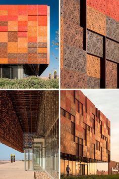 four different images of the same building, each with orange and red bricks on it