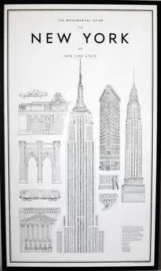 a black and white drawing of the new york city skyline with buildings in each section