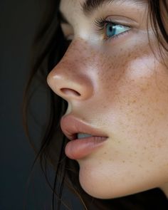 a woman with freckled hair and blue eyes looks off into the distance while she has freckles on her face