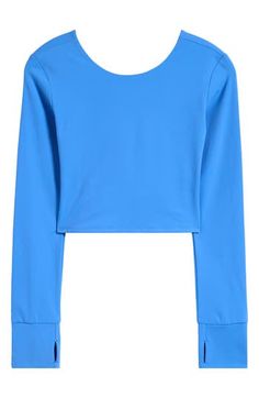 A neat twist and airy cutout at the back refine the look of this stretchy T-shirt made with thumbhole cuffs. Lined 85% nylon, 15% spandex Machine wash, tumble dry Imported Trendy Long Sleeve Crew Neck Top With Thumbholes, Solid Crew Neck Top With Thumbholes, Trendy High Stretch Blue Tops, Trendy Blue High-stretch Tops, Casual Stretch Tops With Thumbholes, Blue Stretch Crew Neck Long Sleeve Top, Blue Stretch Crew Neck Top, Casual Stretch Crop Top With Thumbholes, Casual Stretch Long Sleeve Top With Thumbholes