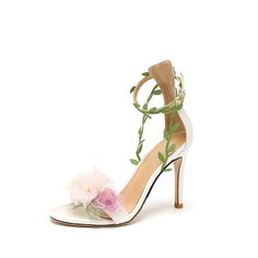 Lasaky - Pink Garden Dream High Heels with Snow Chiffon Flower and Vine Straps Wedding Shoes Fantasy High Heels, Floral High Heels, Fantasy High, Pink Wedding Shoes, Modern Sandals, White Wedding Shoes, Dream High, White Sandals Heels, Floral Sandals