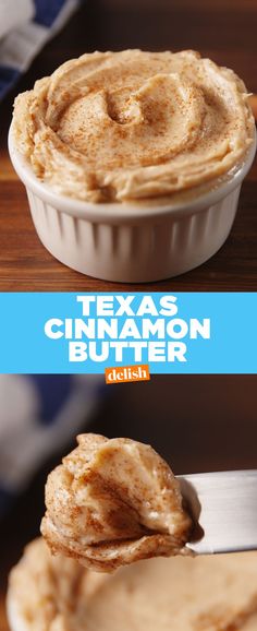 a close up of a bowl of food with a spoon in it and the words texas cinnamon butter on top