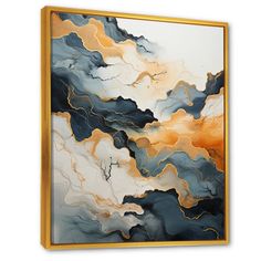 an abstract painting in gold and black with white, orange and blue colors on it