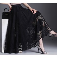 This beautiful women's black lace big swing elastic waist pleated skirt is perfect for achieving a chic, glamorous gothic style. crafted from high-quality polyester, this skirt will give you the perfect fit and look you desire. get yours today! Maxi Skirt Spring, Tule Rok, Gonna In Tulle, Gauze Skirts, Tulle Maxi Skirt, Lace Midi Skirt, Maxi Rok, Irregular Hem, Black High Waist