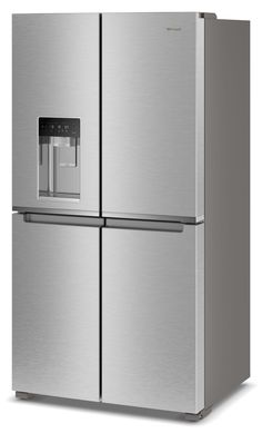 a stainless steel refrigerator freezer with water dispenser on the front and door