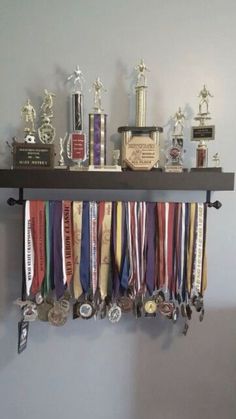 a wall mounted shelf filled with trophies and medals