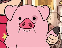 a cartoon pig holding a hair dryer and combing it's hair in front of a mirror