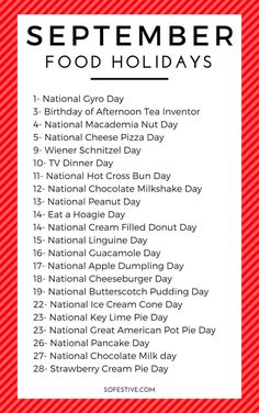 the national cyo day food holidays list is shown in red and white with text