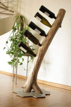 a wine rack made out of a tree trunk with bottles on it and a plant in the corner