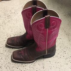 Never Wore These! Love The Color On Them. Fitted Pink Boots With Round Toe, Casual Pink Snip Toe Boots, Pink Fitted Snip Toe Boots, Fitted Western Style Pink Boots, Pink Western Boots With Round Toe, Fitted Western Pink Boots, Fitted Brown Knee-high Boots For Rodeo, Pink Ankle-high Western Boots, Western Brown Leather Knee-high Boots