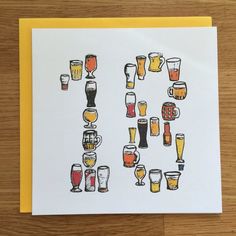 a card with different types of beer glasses and mugs on it, all arranged in the shape of the letter e