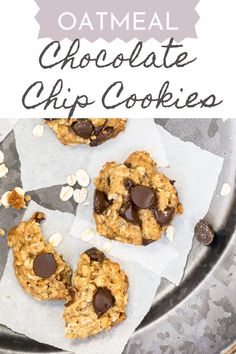 three oatmeal chocolate chip cookies on top of parchment paper with text overlay