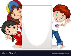 the three kids are standing behind an empty sign