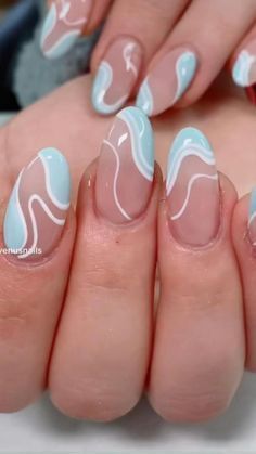 Mail Inspo 2023 Summer Almond, Squigleyline Nails, Simple Line Design Nails, Coastal Girl Nails, Blue Summer Nails Almond Shape, Wavy Lines Nails, Nails With Waves, Beach Wave Nails, Neutral Beach Nails