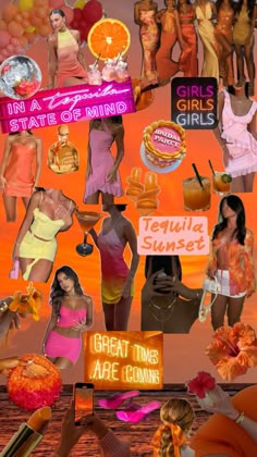 the collage shows women in bathing suits and bikinis, holding up signs that read great time are coming