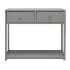 a grey console table with two drawers on one side and an open drawer on the other