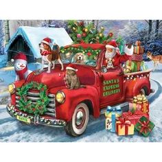 a red truck filled with presents and dogs