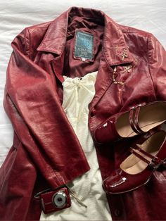 Cherry Leather Jacket, Cherry Red Jacket, Dark Red Leather Jacket Outfit, Cherry Red Leather Jacket, Red Vintage Outfits, Red Leather Jacket Outfit Women, Red Jacket Outfit Aesthetic, Red Leather Jacket Aesthetic, Red Style Aesthetic