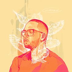 a drawing of a man with glasses and a bird on his shoulder, in front of an orange background