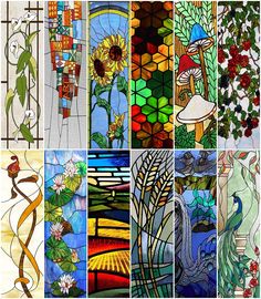 many different stained glass designs are shown in this collage, including flowers and birds