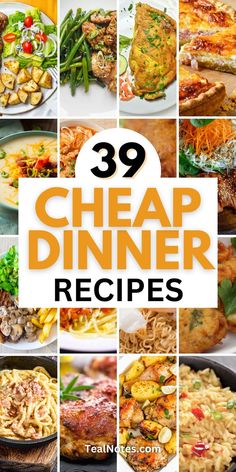 the cover of 39 cheap dinner recipes, including pasta and meats with text overlay that reads 39 cheap dinner recipes