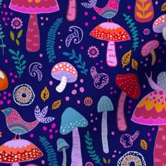 colorful mushrooms and leaves on blue background with pink, red, green, yellow, purple