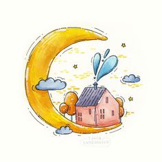 a drawing of a house sitting on top of a crescent with the moon in the background