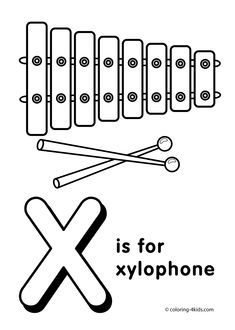 an x is for xylphone coloring page with the letter x in black and white