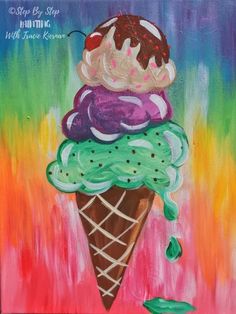 an acrylic painting of three scoops of ice cream on top of each other