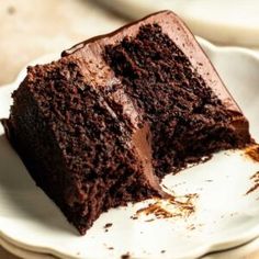 a slice of chocolate cake on a white plate