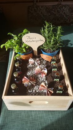 a wooden box filled with plants and bottles