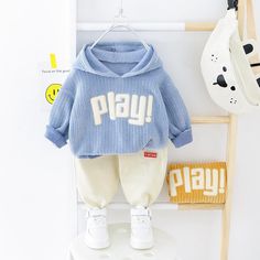 Boys Play Letter Printed Solid Hooded Jumper & Pants - PrettyKid Light Blue Cotton Long Sleeve Sets, Winter Cotton Sets With Letter Print, Playful Blue Sets For Fall, Blue Hooded Sets For Spring, Blue Hooded Spring Sets, Hooded Cotton Sets For Spring, Hooded Cotton Sets For Winter, Cute Winter Sets With Letter Print, Cotton Hooded Winter Sets