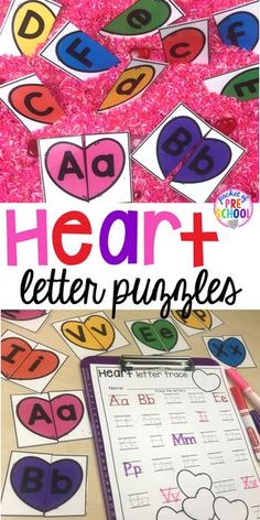 heart shaped letters and numbers are displayed in this printable activity for kids to practice letter recognition