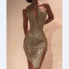 Gold Dress Short, Gold Sequin Dress, Paris Mode, Sequin Bodycon Dress, فستان سهرة, Split Dress, Shoulder Cut, Trend Fashion, Gold Dress