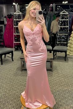 straps pink embroidered mermaid long formal dress party dress with cross back 2000s Homecoming Dress, Debs Dress, Prom Inspo, Pink Mermaid, Pink Prom, Grad Dresses, Mermaid Silhouette, Satin Material, Party Dress Long