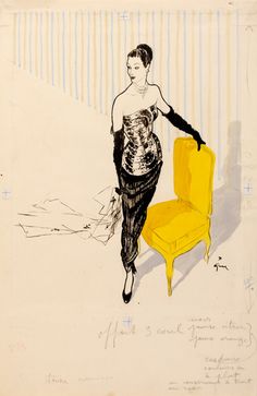 a drawing of a woman in an evening dress walking past a yellow chair