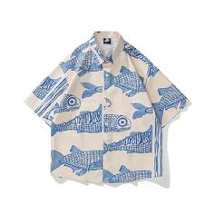 Shirt Drawing, Small Fish, Japanese Streetwear, Fish Print, Style Summer, 로고 디자인, Beach Shirts, Japanese Fashion, Summer Shirts