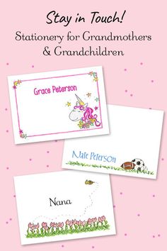 two children's name tags with the words stay n touch and an image of a unicorn