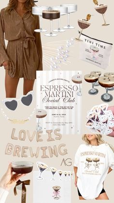 a collage of different items including wine glasses and t - shirts, with the words love is brewing on them