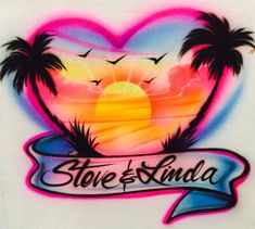 a heart with palm trees and the words steve & linda on it