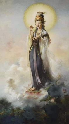 a painting of a woman standing in the clouds