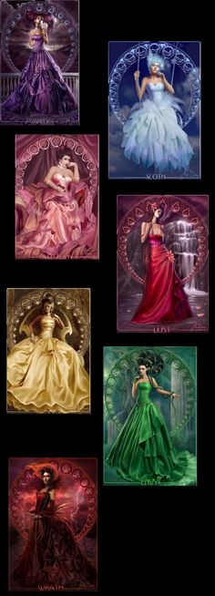 six different colored images of women in gowns and dresses, all with their names on them