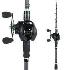 two different types of fishing rods and reels are shown in this image, one is black and the other is green