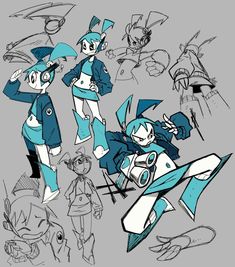 some blue and white cartoon characters with different poses