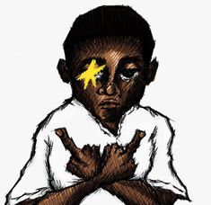 a drawing of a young boy with his hands crossed and the yellow star on his forehead