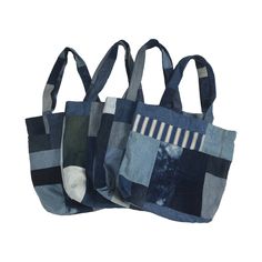 "We rework sustainably sourced denim scraps into giant patchworks, these Tote Bags are one of the various pieces we make from those patchworks. We line them with secondhand cotton velvet that you can choose the colour of under \"Secondary Colour\". The bags come with an inner zip pocket to keep important items secure and easy to find. They are a little larger than most tote bags so they can fit most Laptops and are super comfortable on the shoulder, unlike most totes. We also cross stitch the ha Denim Patchwork Bag For Everyday Use, Denim Blue Patchwork Bag For Everyday Use, Everyday Denim Blue Patchwork Bag, Denim Patchwork Tote Bag, Upcycled Tote, Recycled Jeans Bag, Denim Scraps, Patchwork Tote Bags, Upcycled Bag