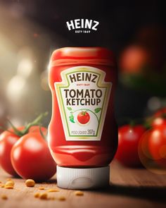 a bottle of heinz's tomato ketchup on a table