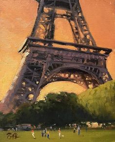 an oil painting of the eiffel tower in paris, france with people walking around