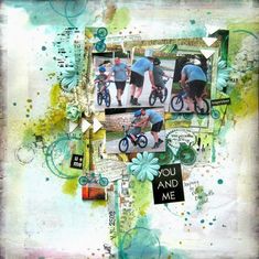 a collage with photos and words on it, including two people riding bikes in the background