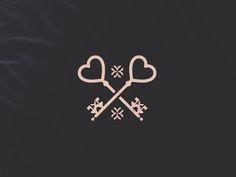 two hearts and crossed sabers on a black background with snowflakes in the shape of heart